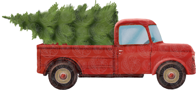 Christmas red truck hauling a lush evergreen tree in a vintage farmhouse style, Grey Barn Handwerk, Saskatchewan.